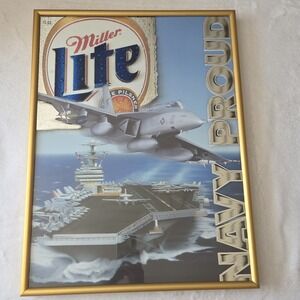 Vintage Miller Lite Navy Proud Military Beer Sign Mirror Pub Man Cave RARE
